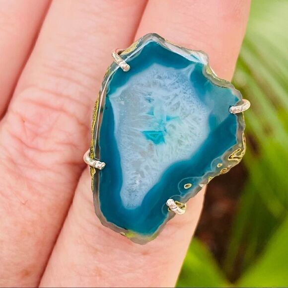 Marine Blue Agate Geode Sterling Silver Ring Size 6 - Picture 10 of 12